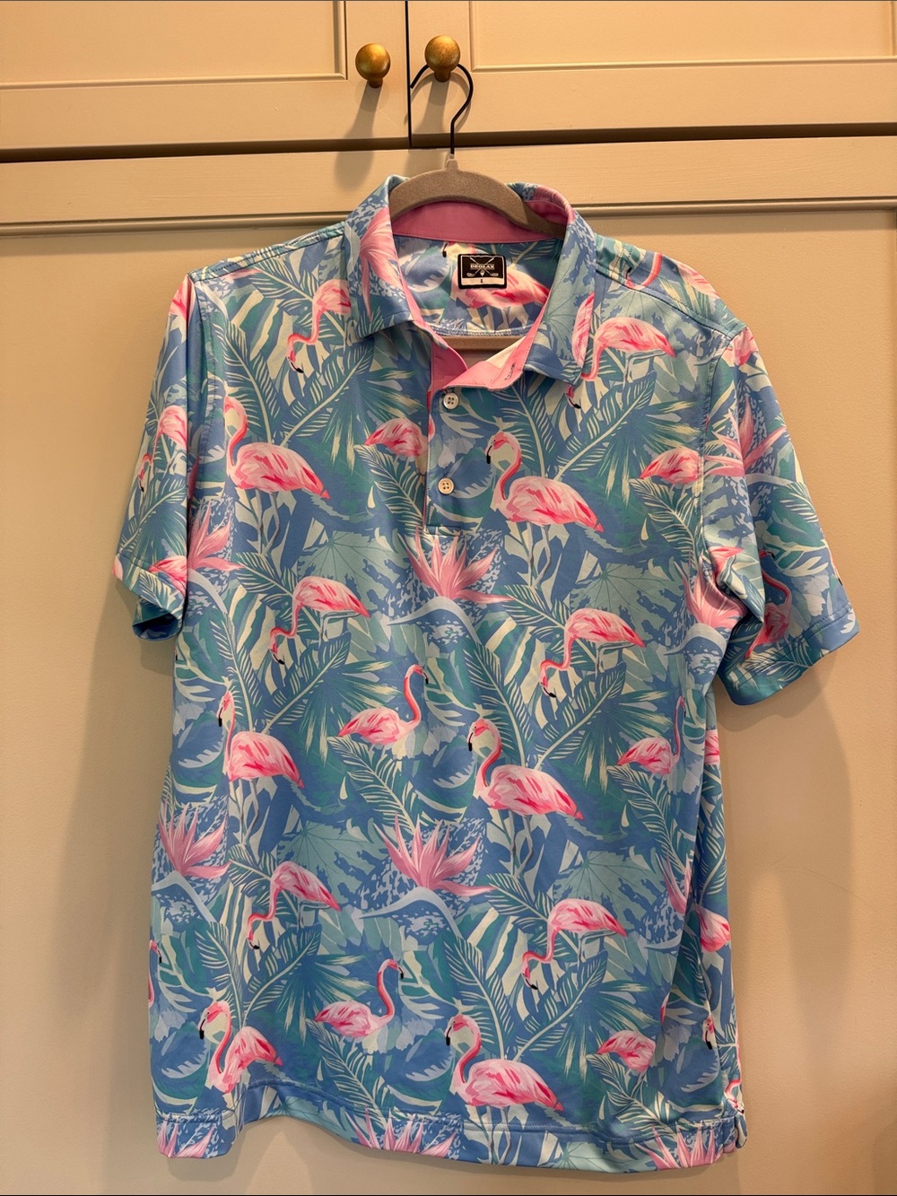 Men's Flamingo Print Polo Shirt - Blue & Pink